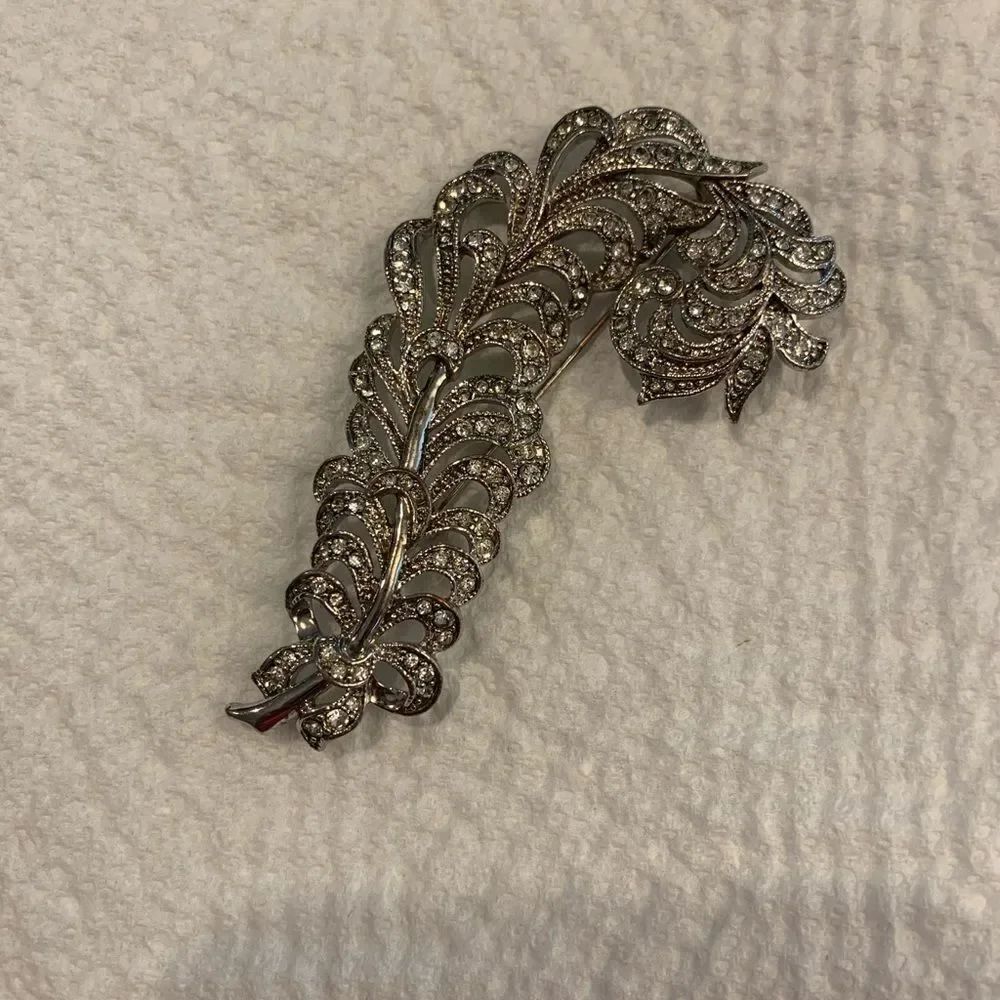 Kenneth Jay Lane Vintage KJL Feather Plume Pave Crystal Pin Stamped